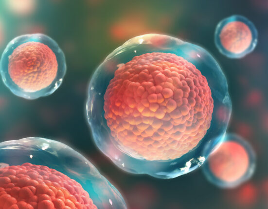 Cells of the body under a microscope. Research of stem cells. Cellular Therapy and Regeneration. 3D illustration