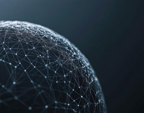 A close up of a globe with a network of lines surrounding it. Concept of interconnectedness and the vastness of the world