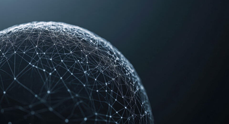 A close up of a globe with a network of lines surrounding it. Concept of interconnectedness and the vastness of the world