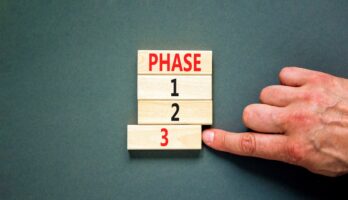 Time to phase 3 symbol. Concept word Phase 1 2 3 on wooden block. Businessman hand. Beautiful grey table grey background. Business planning and time to phase 3 concept. Copy space.