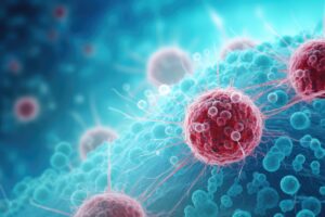Molecular structure of cancer cells under microscope, realistic macro indoor part of body.
