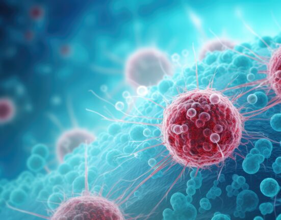 Molecular structure of cancer cells under microscope, realistic macro indoor part of body.