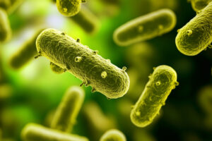 A scientific and medical concept focused on the microbiome, gut health, and microbiotic cells. The image highlights laboratory research, medicine, nutrition, and the role of probiotics like yogurt.