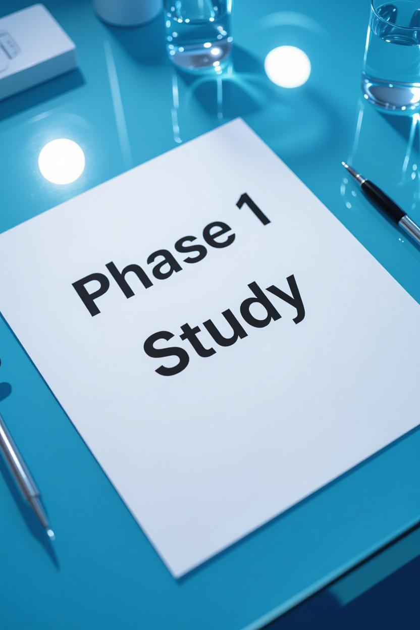 Top down view of a paper with bold lettering that reads phase 1 study