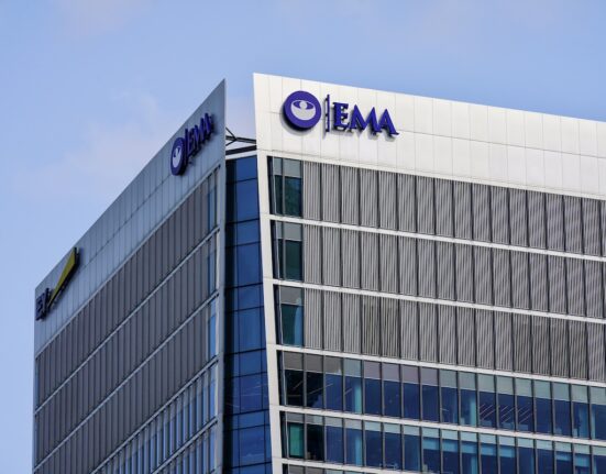 EMA (European Medicines Agency Of European Union) Modern Tower Building Facade Logo Sign, Corporate Skyscraper Exterior, Canary Wharf, Global Financial District, London, England, UK, June 2025